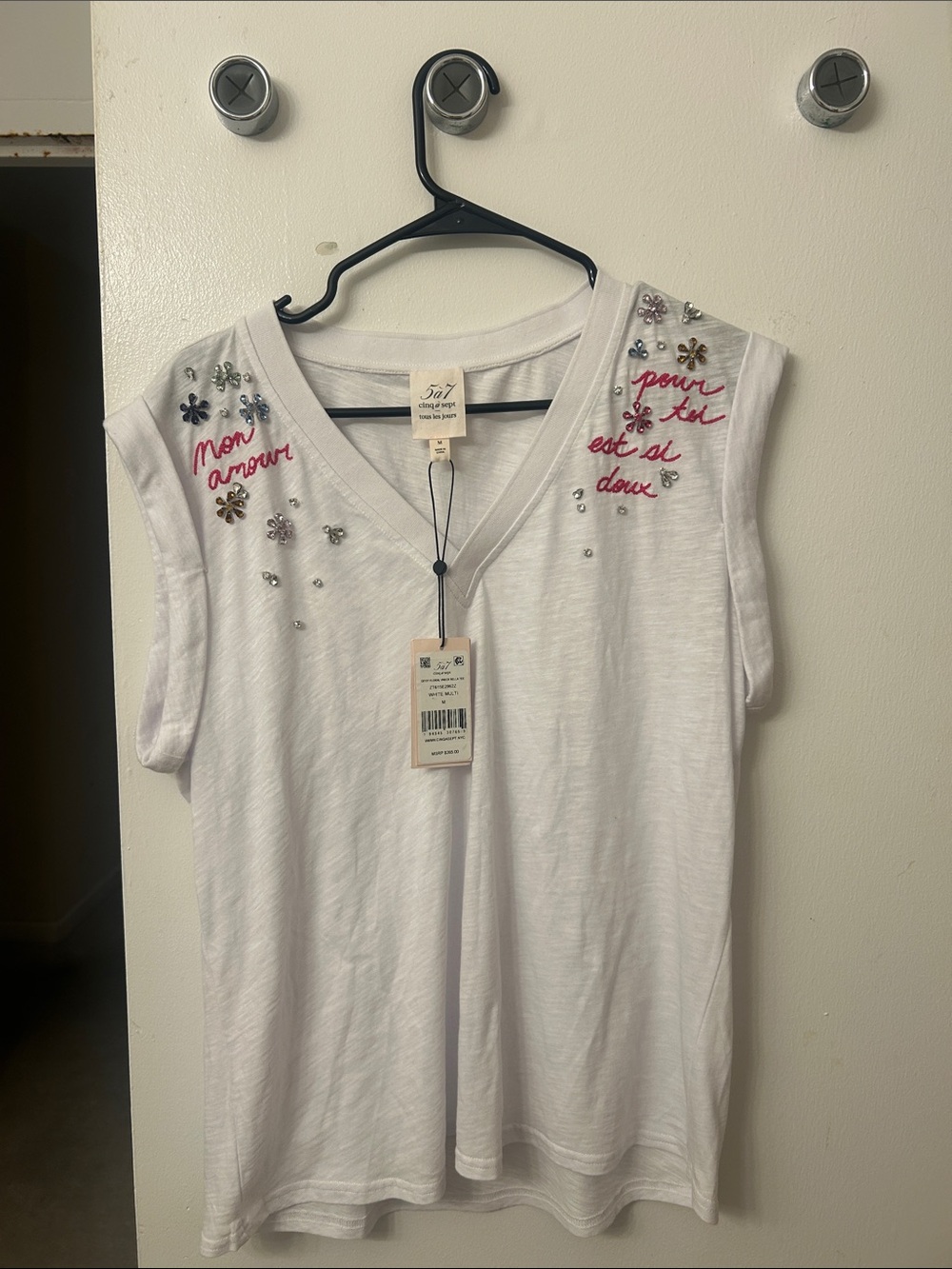 cinq a sept White Embroidered V-Neck Tank with Floral Beading